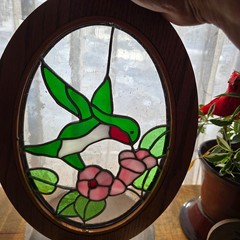 Vintage Stained Glass Hummingbird & Flower Decor Oval 14″ X 10″ X 1″ Thick Wood