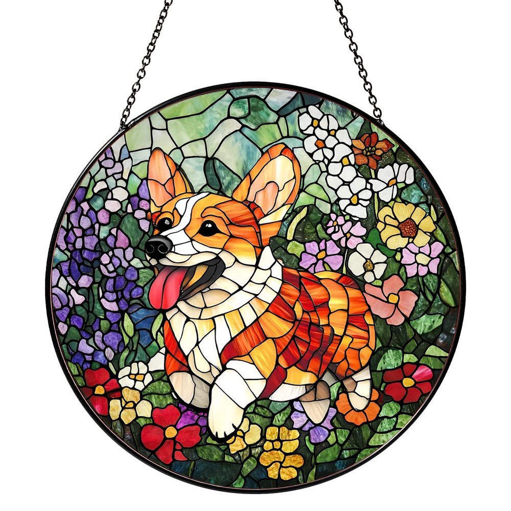 Corgi Stained Glass Window Hanging Sun Catcher Decor for Dog Lovers, 7.87″
