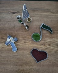 Lot Of 4 Stained Glass Suncatchers Ornaments Butterfly Note Heart Cross