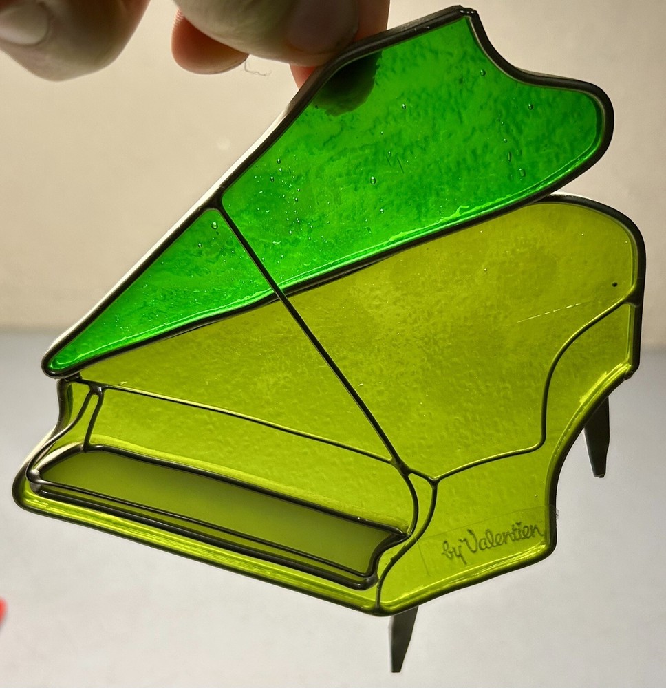 Vintage Real Stained Glass Art Window SunCatcher Green Piano 6” by Valentien ￼