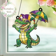 Cute Crocodile Mardi Gras Acrylic Suncatcher, Mardi Gras Fleur de Lis