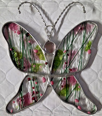 Butterfly Suncatcher Clear Pink Green Accents 3-D Window Decor 6″ Unique Pretty