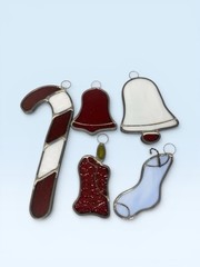 Stained Glass Sun Catcher Christmas Candy Cane Bell Candle Stocking Homemade VTG