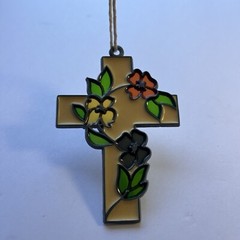 Vintage Sun Catcher Stained Glass Ornament Green Yellow Red Rose Adorned Cross