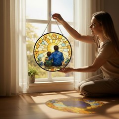 Father And Son Sunset Stained Glass Suncatcher, Fatherhood Keepsake Glass Panel