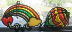 Vintage Stained Glass Sun Catcher Window Art Balloon & Rainbow Love w Chains