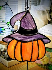 stained glass OPAQUE orange pumpkin with purple witches hat suncatcher