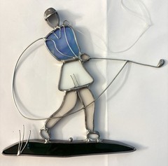 MAN LADY GOLFER hole 7 Set of 3 SUNCATCHER Vtg. LEADED STAINED GLASS Window Deco