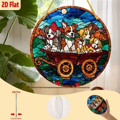 Vintage Wagon Puppy Acrylic Suncatcher Red Gold Home Office Party Decor