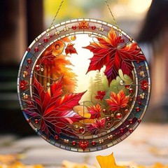 Fall Maple Leaf Forest Round Acrylic Window Suncatcher Hanging Home Decor