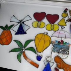 Stained Glass Lot SuncatchJesus Puppy Balloon Flower Angel Windmill Junk Drawer
