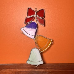 Vintage Stained Glass Christmas Bells with Red Bow Hang. Window Suncatcher 8”