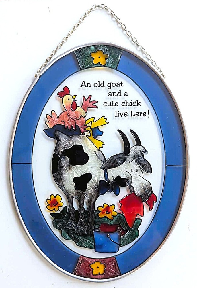 Joan Baker Handpainted Glass Sun Catcher~An Old Goat & A Cute Chick Live Here!