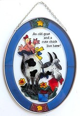 Joan Baker Handpainted Glass Sun Catcher~An Old Goat & A Cute Chick Live Here!