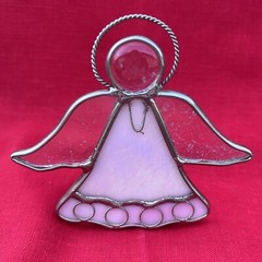 Vintage Stained Glass Angel Pink White Silver & Clear Tea Light Stand 4”x4”