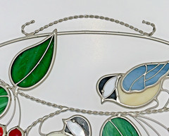 Juhlin Glass Studio Stained Glass Chickadee & Cherries Oval Ring Window Hanging