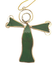 Stained Glass Sun Catcher Green Christmas Angel Gold Wire Halo Wings 4.25″x3.5″