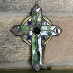 Stained Glass Cross Suncatcher Vintage Style Green Purple 7”