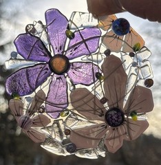 Fused Glass Handmade Round Multicolor Flower Sun Catcher Signed By Artist