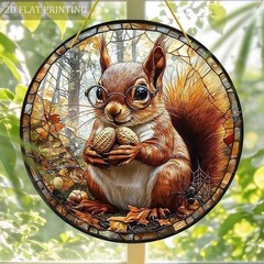 SET OF 2 – 2D Flat Acrylic 3 Pumpkins/ Squirrel hanging catcher 7.8″ Round