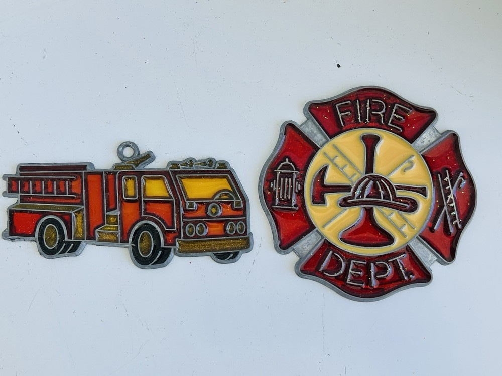 Two Vintage Fire Dept Stained Glass SunCatcher Ornaments Fireman Firefighter