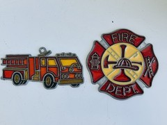 Two Vintage Fire Dept Stained Glass SunCatcher Ornaments Fireman Firefighter