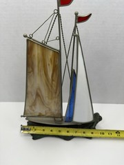 Vintage Stained Glass Boat 3D On Faux Driftwood Stand Sailboat Ship Decor