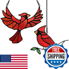 BOXCASA Cardinal Gfits Stained Glass Birds Window Hanging,Cardinal Handmade Orna