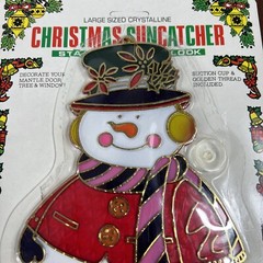 3 Vintage 80s Christmas Sun Catchers Hanging Decoration Santa Snowman Wreath NEW