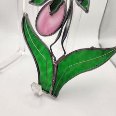 VTG 6″ Stained Glass Sun Catcher Abstract Pink Flower w/Green Leaves Window Hang