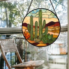 JOSUMALY Stained Glass Window Hanging, Green Cactus Sun Catcher for Door Terr…