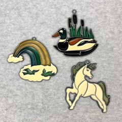Vintage Lot of 3 Stained Glass Suncatchers Acrylic & Metal Rainbow Unicorn Duck