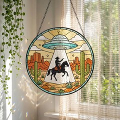 UFO Abduction Cowboy Stained Glass Suncatcher Sci Fi Western Art