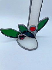 Vintage Mid-Century Stained Leaded Glass Christmas White Candle Holly Leaves