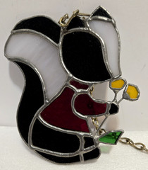 Handmade Stained-Glass White, Dark Blue & Red Skunk Suncatcher Smelling Flowers