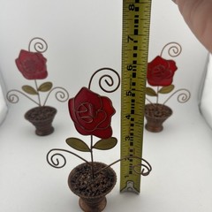 3 Vtg Photo Frame-SunCatcher Red Rose-Green Leaves-Metal Brown Flower Pot-6″