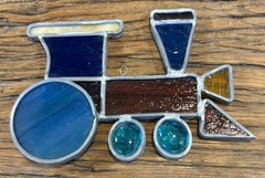 VTG Stained Glass Train Suncatcher Ornament Blue Red Yellow Pink
