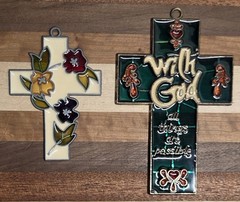 Vtg Suncatchers Crosses Flowers Set of 2 Plastic With God All Things Are…
