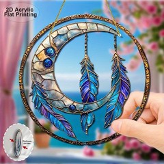Round Blue Purple Moon Feather Acrylic Hanging Ornament for Window Wall Decor