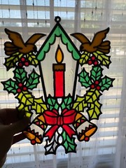 Vintage Stained Glass Plastic Sun Catcher Holly Candle Bird Christmas Window Art