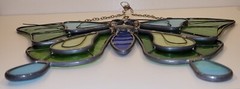 Stained Glass Suncatcher Butterfly Brilliant Blues & Greens Hand Crafted 13″x14″