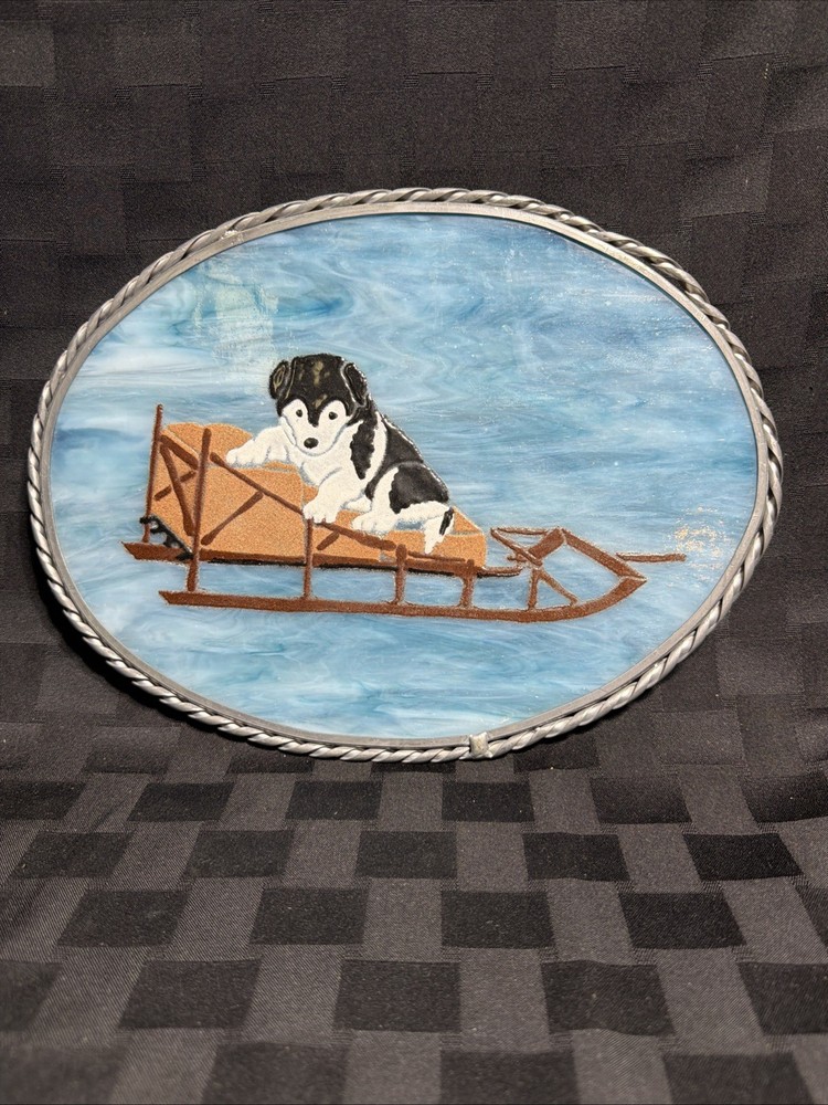 Stained Glass Hand Decorated Oval Shaped Sun Catcher With Dog Sled And Puppy