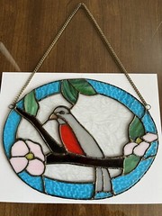 Vintage Bird Pink Flowers Large Stained Glass Oval Sun Catcher 10” x 7.5”