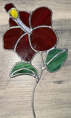 STUNNING Vintage Hibiscus Leaded Stained Glass Sun Catcher Red Green Yellow