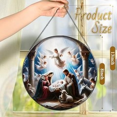 Stained Glass Nativity Scene Suncatcher, 8″ Window Hanging Ornament, Christian D