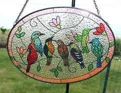 Lg Stained Glass 7 Various Birds Sun Catcher Hand Painted Oval Metal Frame 9.5″