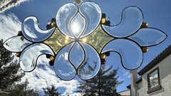 Arts & Crafts Stained Glass Suncatcher Amber Slag Glass 19”