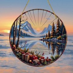 Winter Mountain Lake Sunset Christmas Gift Box Nature Acrylic Suncatcher Decor