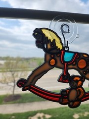 Vtg Rocking Horse & Teddy Bear Hanging Sun Catcher Resin Stained Glass