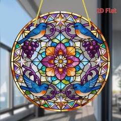 Four Blue Birds Grape Floral Round Acrylic Suncatcher Boho Window Decoration